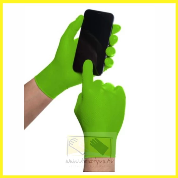 GOGRIP GREEN PF. M-es , gyémántszerű textúra, púdermentes, nitril, zöld színű, tartósabb kesztyű, 50 db/doboz