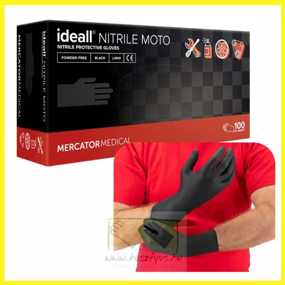 Ideall NITRILE MOTO  PF. M-es. Púdermentes fekete nitril tartós, vastag, hosszúszárú kesztyű, 100db